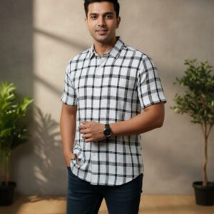 Men's Slim Fit White & Black Checkered Half-Sleeve Casual Shirt