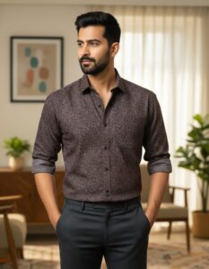 Men’s Slim-Fit Micro-Printed Casual Shirt in Earthy Brown