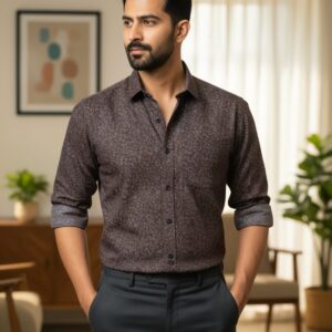 Men’s Slim-Fit Micro-Printed Casual Shirt in Earthy Brown